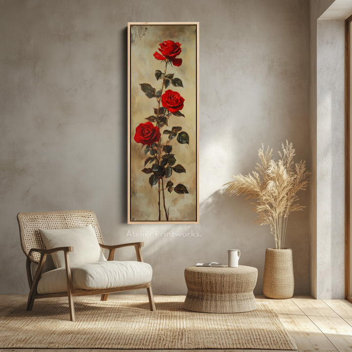 Red Roses Long Narrow Framed Canvas Wall Art For Living Room - V0170
