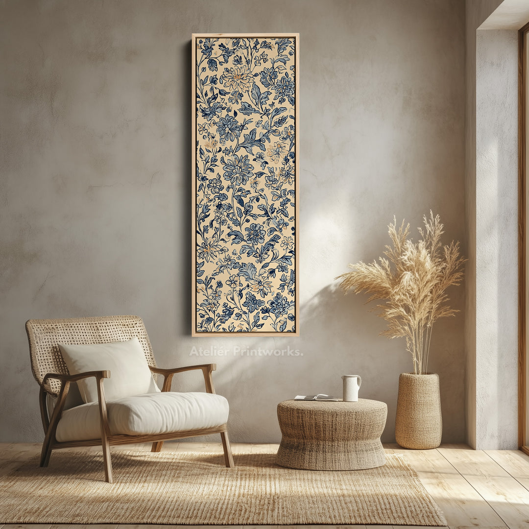 Vintage Beige & Blue Floral Vertical Long Wall Decor - V0198