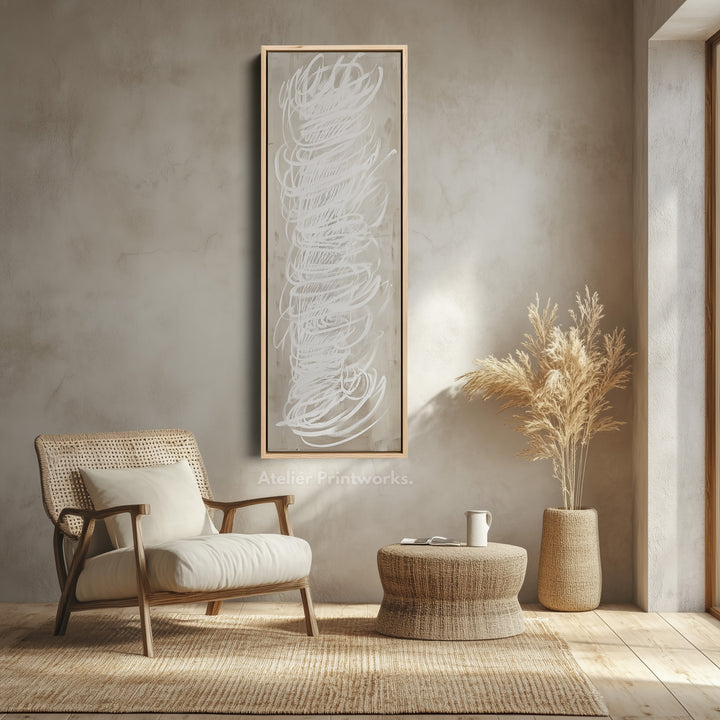 Abstract White Minimalist Long Vertical Framed Canvas Wall Decor - V0199