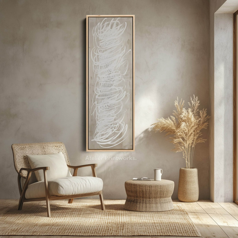 Abstract White Minimalist Long Vertical Framed Canvas Wall Decor - Atelier Printworks