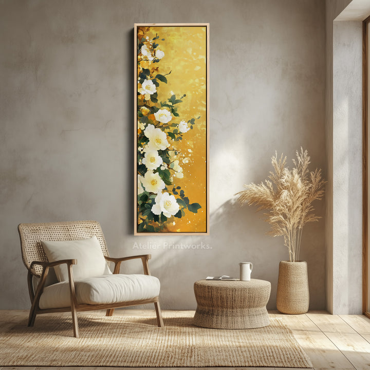 Vertical White & Gold Floral Long Framed Canvas Decor - V0204