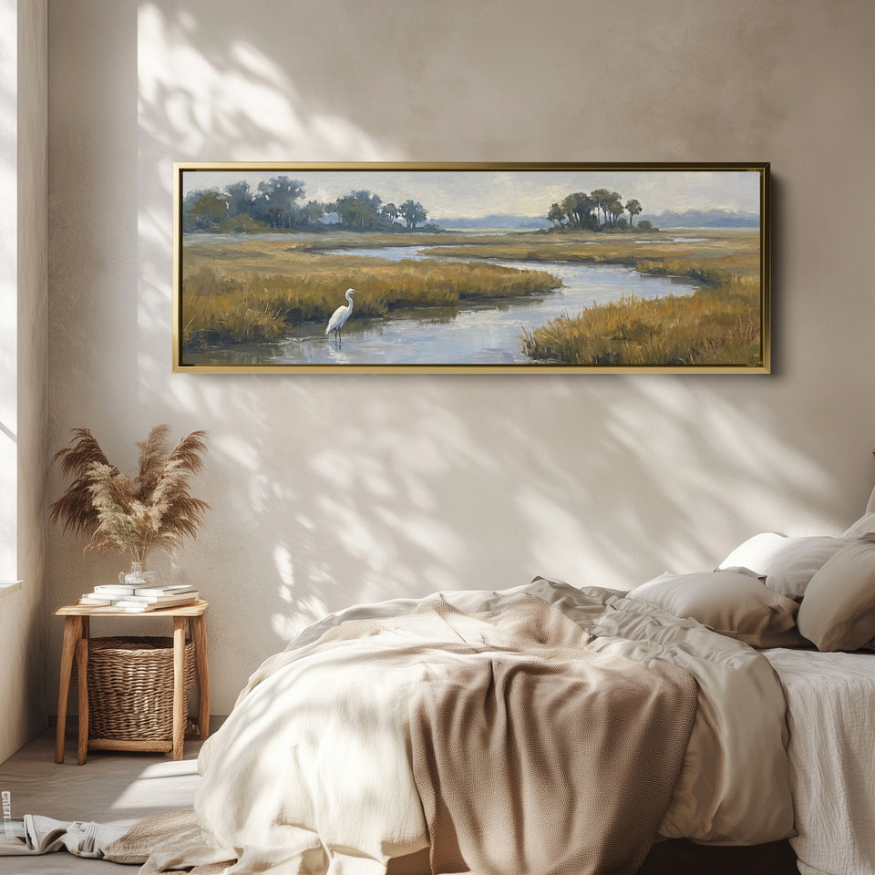Long Narrow Wall Art Egret in a Salt Marsh for Living Room wall art in a gold frame, above the bed