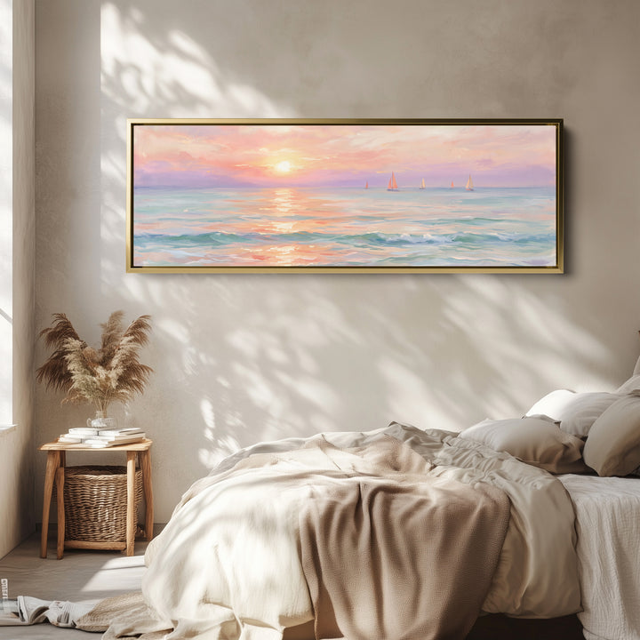 Pastel Sunset Sailboats Horizontal Wall Art Large Canvas Above Bed wall art in a gold frame, above the bed
