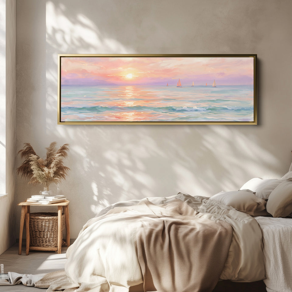Pastel Sunset Sailboats Horizontal Wall Art Large Canvas Above Bed wall art in a gold frame, above the bed