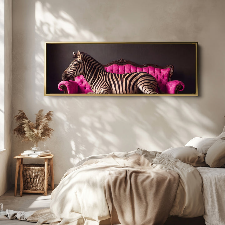 Bold and Playful Zebra on a Pink Velvet Sofa Long Wall Art for Living Room wall art in a gold frame, above the bed