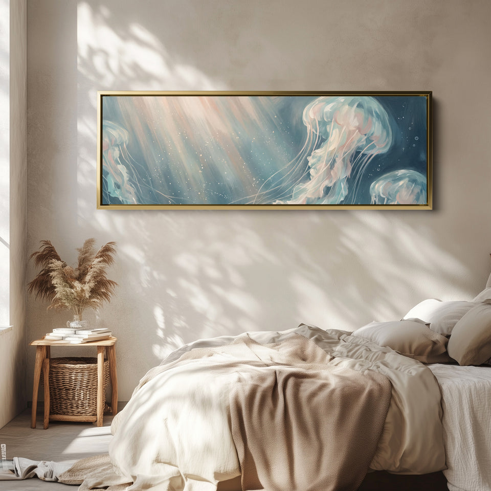 Drifting Jellyfish Long Narrow Wall Art Large Canvas for Living Room wall art in a gold frame, above the bed