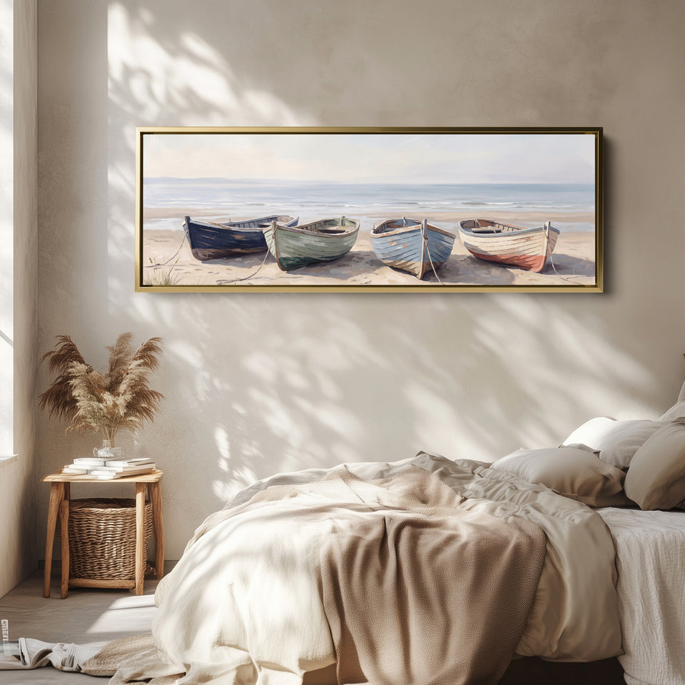 Quiet Coastal Mood Rowing Boats on the Beach Horizontal Wall Art for Hallway wall art in a gold frame, above the bed