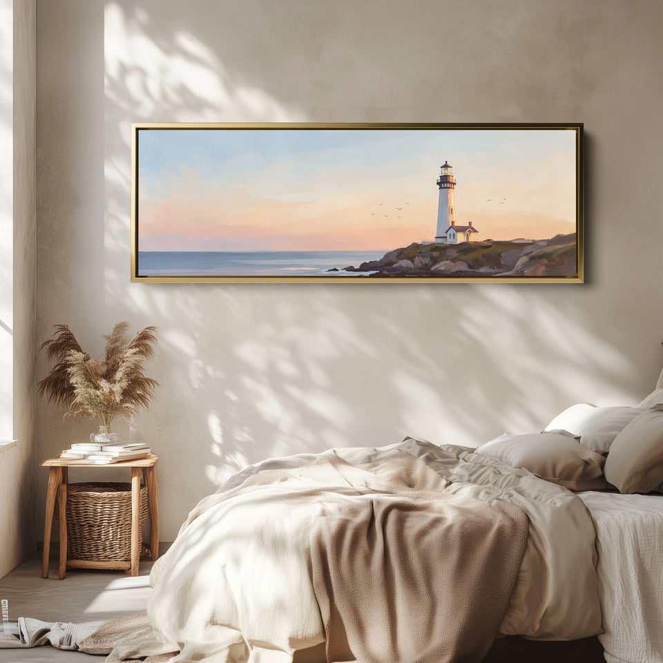 Lighthouse at Sunset Panoramic Wall Art for Above Couch wall art in a gold frame, above the bed