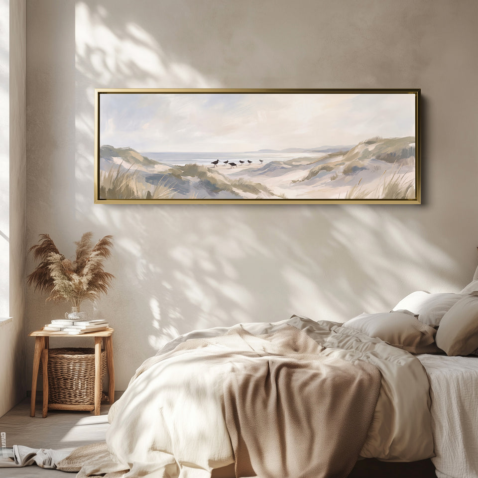 Soft Neutral Sand Dunes and Shorebirds Long Narrow Wall Art for Bedroom wall art in a gold frame, above the bed