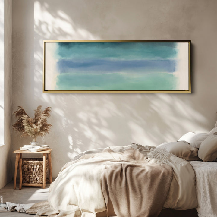Horizontal Wall Art Teal Colour Field Abstract for Office wall art in a gold frame, above the bed