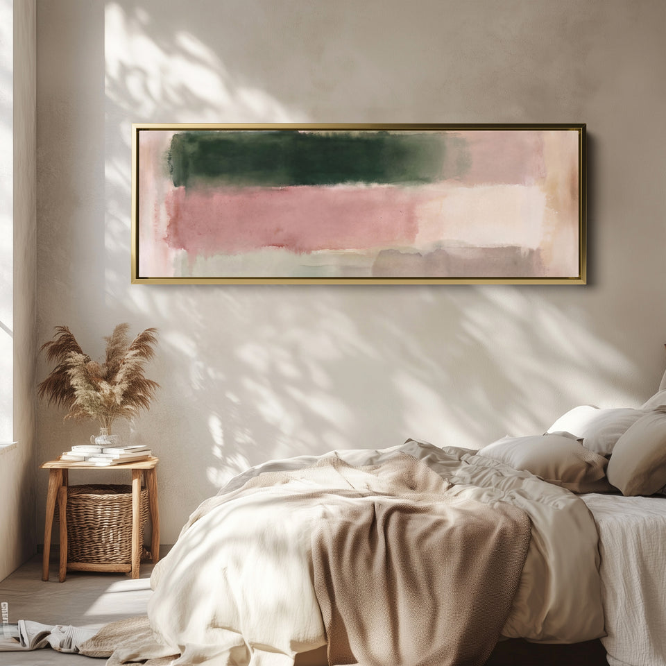 Blush Colour Block Abstract Long Wall Art for Bedroom wall art in a gold frame, above the bed