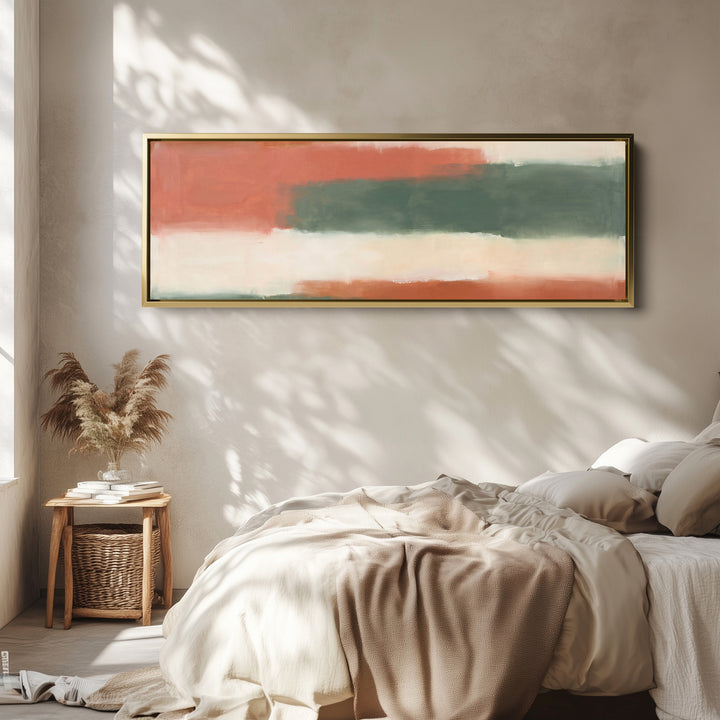 Warm Modern Colour Block Abstract Panoramic Wall Art for Living Room wall art in a gold frame, above the bed