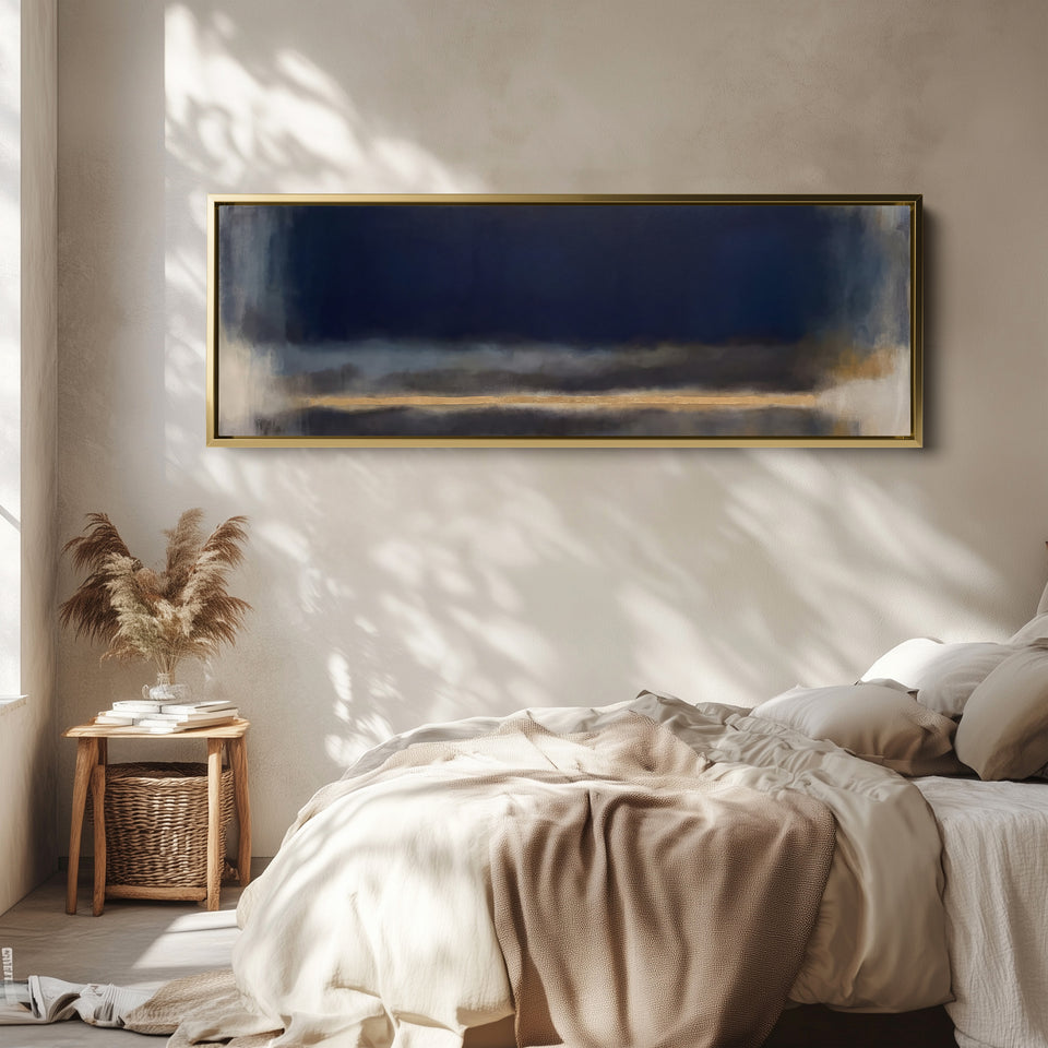 Office Wall Art Large Horizontal Moody Navy Colour Field Abstract wall art in a gold frame, above the bed