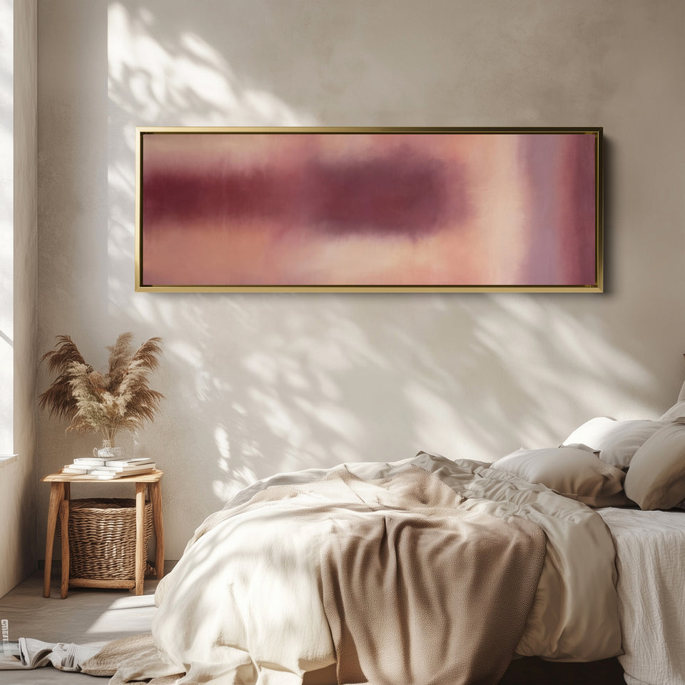 Long Narrow Wall Art Burgundy Colour Field Abstract for Dining Room wall art in a gold frame, above the bed