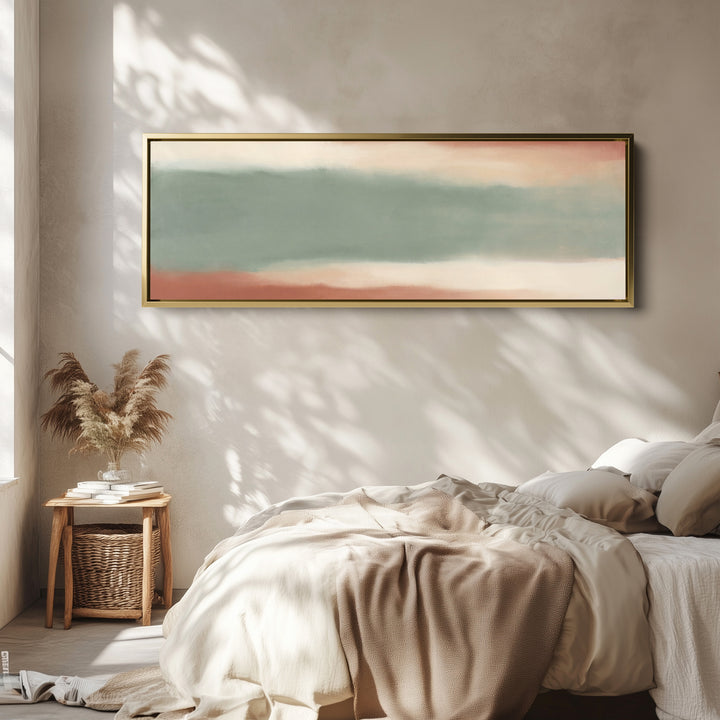 Soft Sage Colour Field Abstract Horizontal Wall Art Above Couch wall art in a gold frame, above the bed