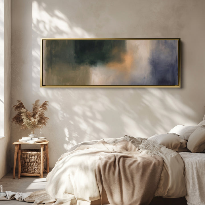 Dark and Moody Abstract Long Wall Art Large Canvas for Living Room wall art in a gold frame, above the bed