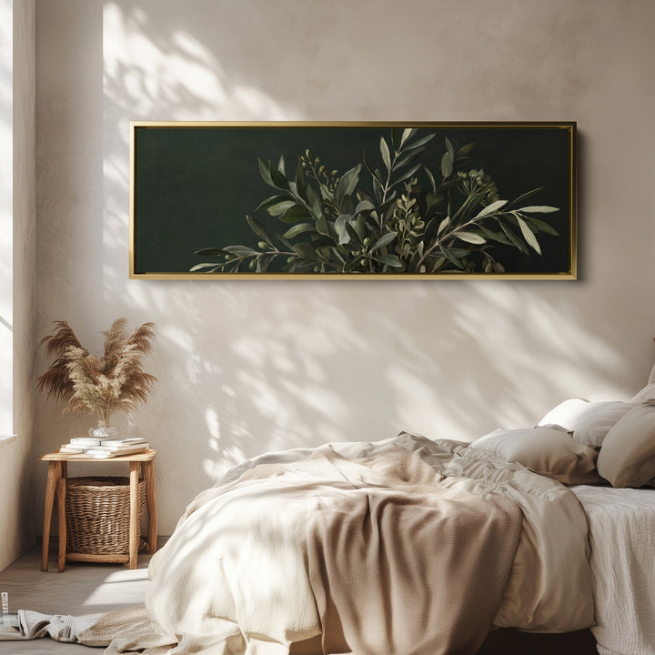 Panoramic Wall Art Olive Branches on a Dark Background for Kitchen wall art in a gold frame, above the bed