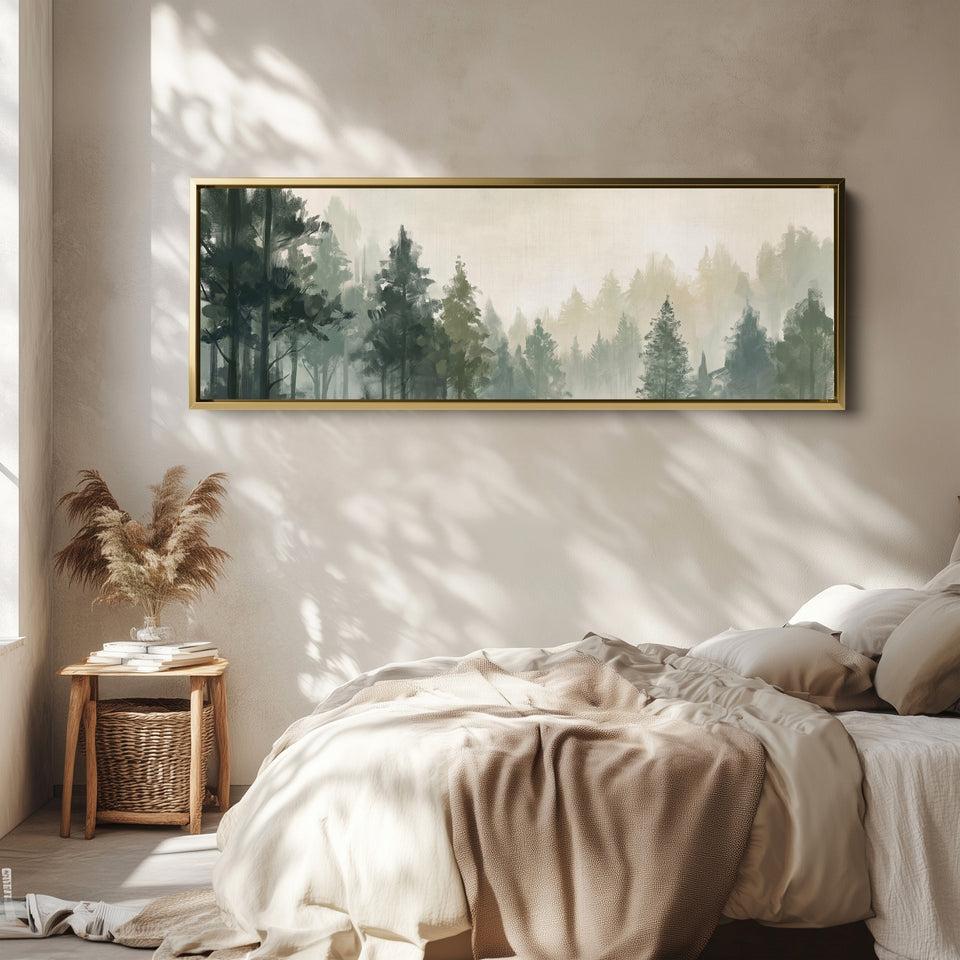 Misty Pine Forest Long Narrow Wall Art for Above Bed wall art in a gold frame, above the bed