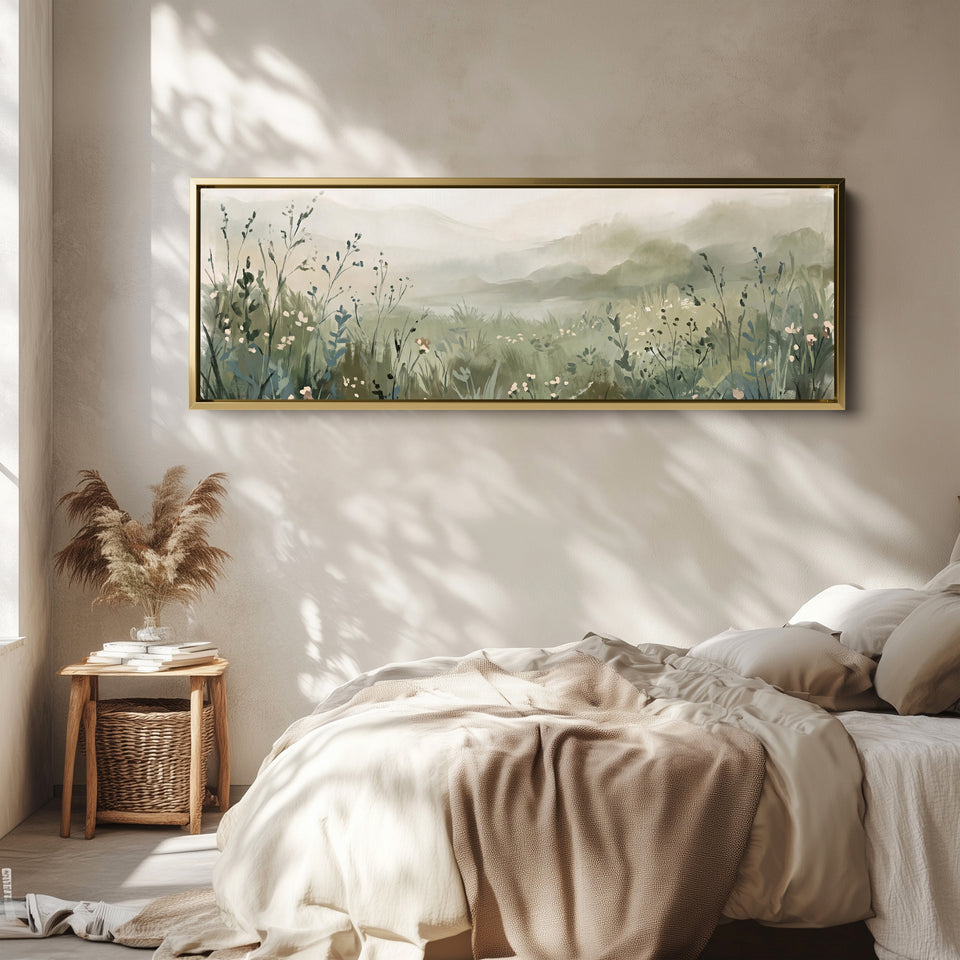 Soft and Dreamy Wildflower Meadow in the Mist Horizontal Wall Art for Living Room wall art in a gold frame, above the bed