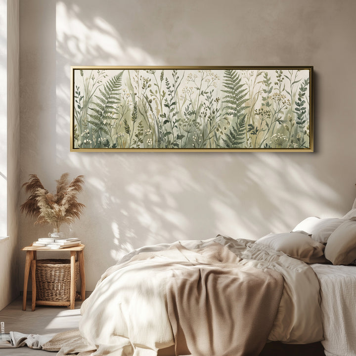 Long Wall Art Ferns and Wild Grasses Botanical Canvas for Hallway wall art in a gold frame, above the bed