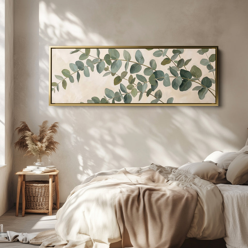 Eucalyptus Branches Panoramic Wall Art Large Canvas for Bedroom wall art in a gold frame, above the bed