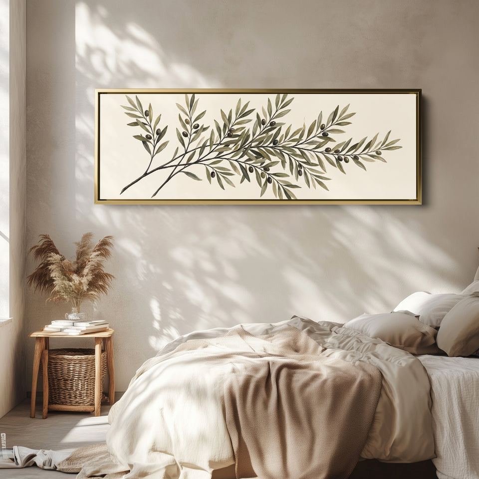 Simple Mediterranean Olive Branch Long Narrow Wall Art for Kitchen wall art in a gold frame, above the bed
