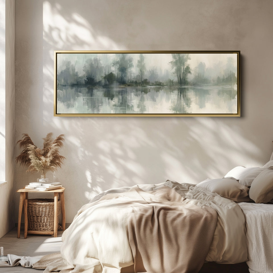 Above Couch Wall Art Long Misty Lake with Tree Reflections wall art in a gold frame, above the bed