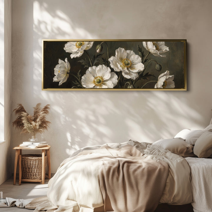 White Anemones on Dark Background Long Wall Art for Dining Room wall art in a gold frame, above the bed