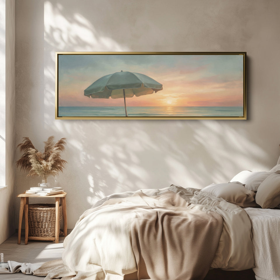 Calm Seaside Beach Umbrella at Sunset Panoramic Wall Art for Bedroom wall art in a gold frame, above the bed