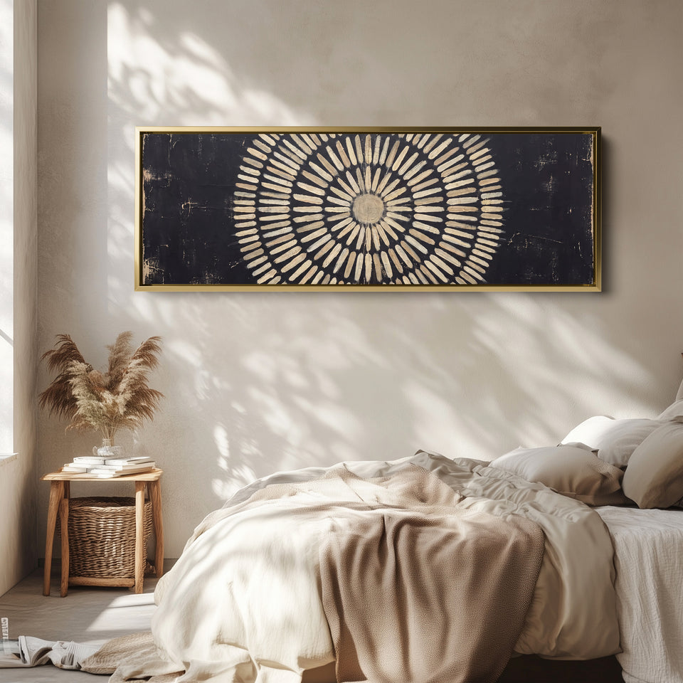 Long Narrow Wall Art Radial Mandala Pattern for Hallway wall art in a gold frame, above the bed