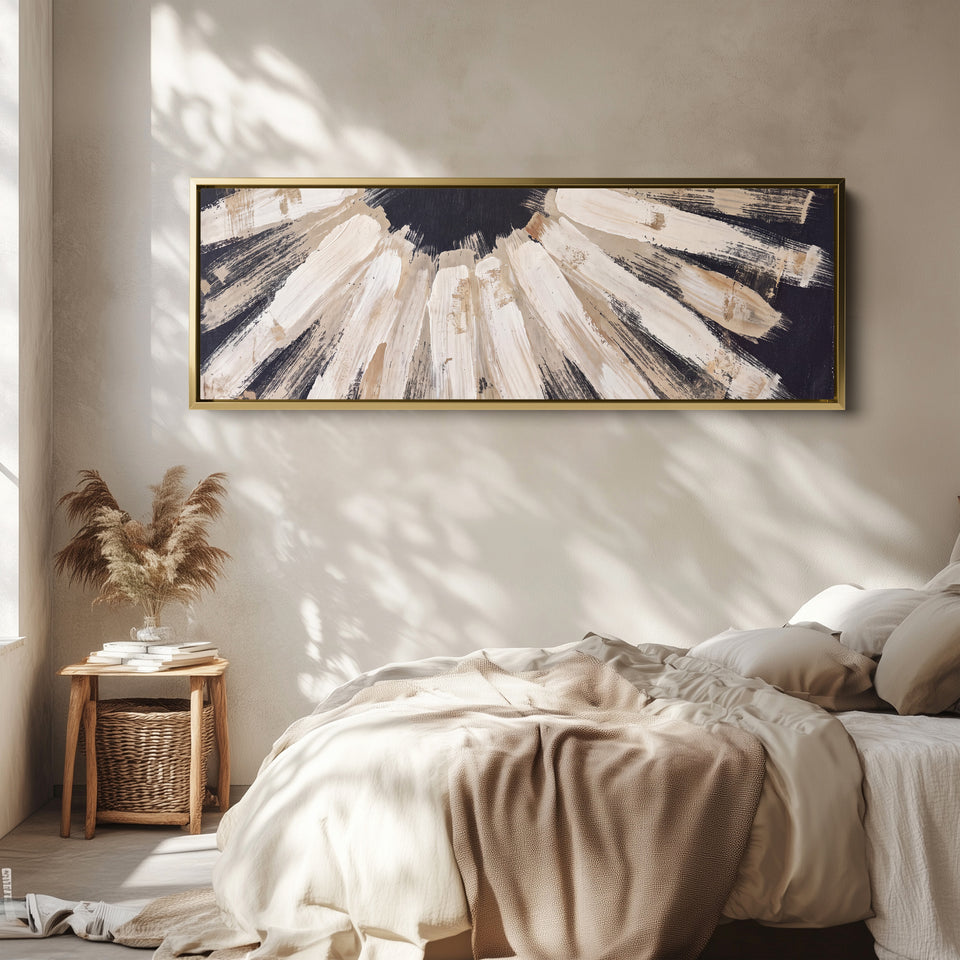 Bold Brushstroke Sunburst Horizontal Wall Art Large Canvas for Office wall art in a gold frame, above the bed