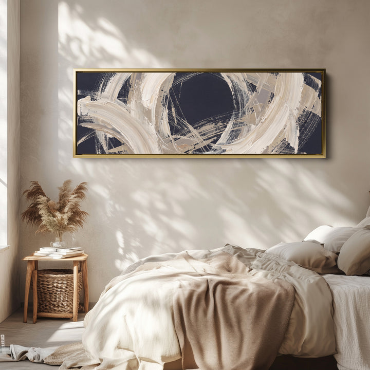 Modern Graphic Brushstroke Circle Abstract Long Wall Art for Living Room wall art in a gold frame, above the bed