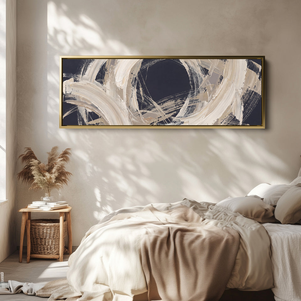Modern Graphic Brushstroke Circle Abstract Long Wall Art for Living Room wall art in a gold frame, above the bed