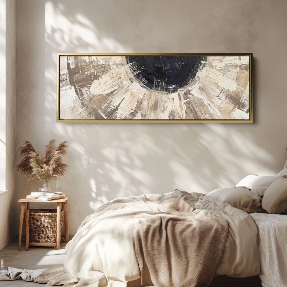 Above Bed Wall Art Panoramic Neutral Brushstroke Sunburst Abstract wall art in a gold frame, above the bed