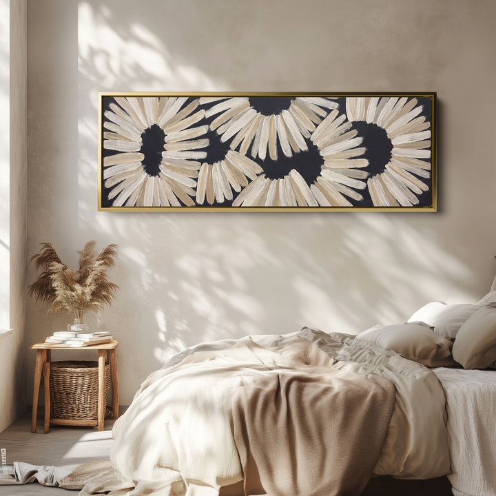 Panoramic Wall Art Black Brushstroke Flower Pattern for Dining Room wall art in a gold frame, above the bed