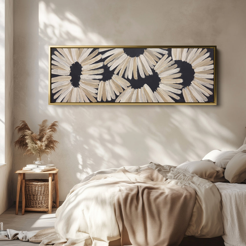 Panoramic Wall Art Black Brushstroke Flower Pattern for Dining Room wall art in a gold frame, above the bed