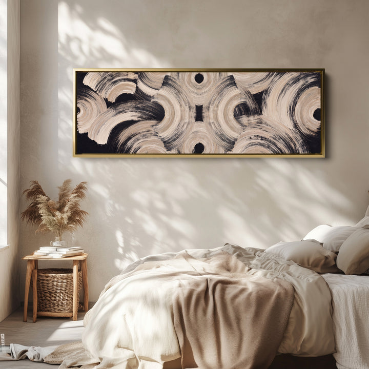 Neutral Brushstroke Arcs Pattern Long Narrow Wall Art Above Couch wall art in a gold frame, above the bed