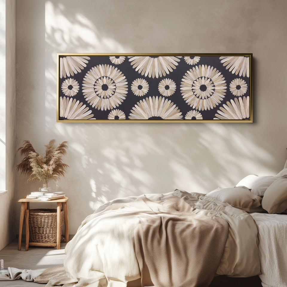 Modern Boho Mandala Pattern Horizontal Wall Art for Bedroom wall art in a gold frame, above the bed