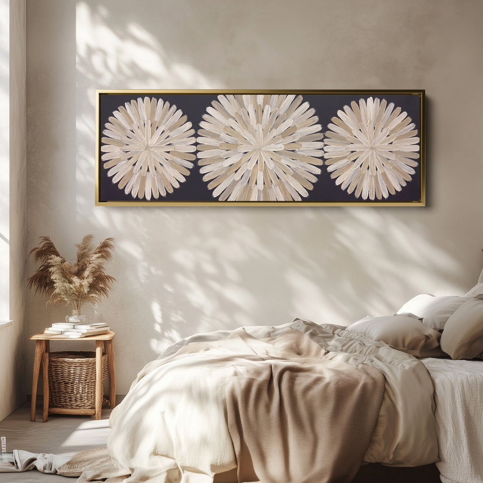 Hallway Wall Art Long Horizontal Three Brushstroke Medallions wall art in a gold frame, above the bed