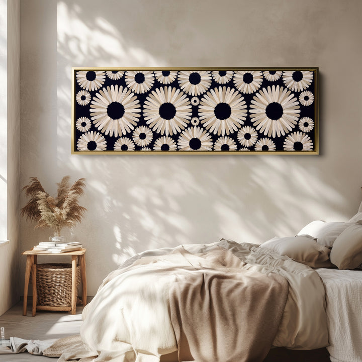 Long Wall Art Navy Daisy Pattern Abstract for Office wall art in a gold frame, above the bed