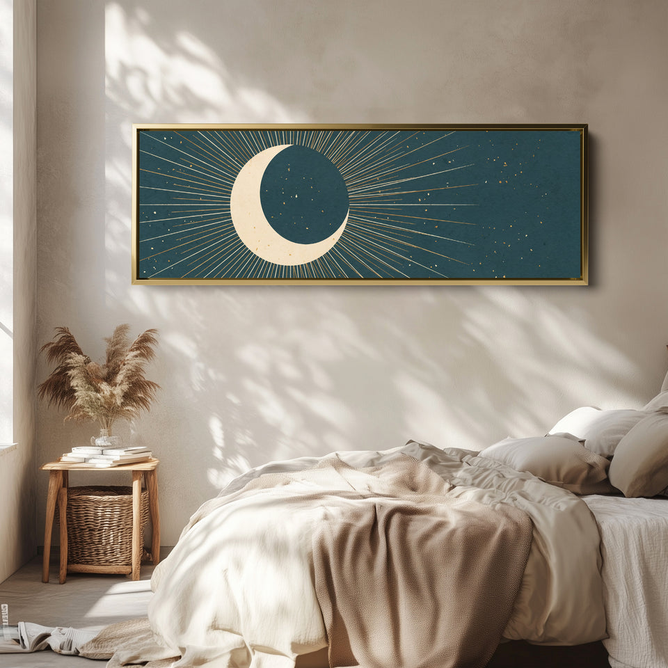 Teal Crescent Moon and Stars Panoramic Wall Art for Bedroom wall art in a gold frame, above the bed