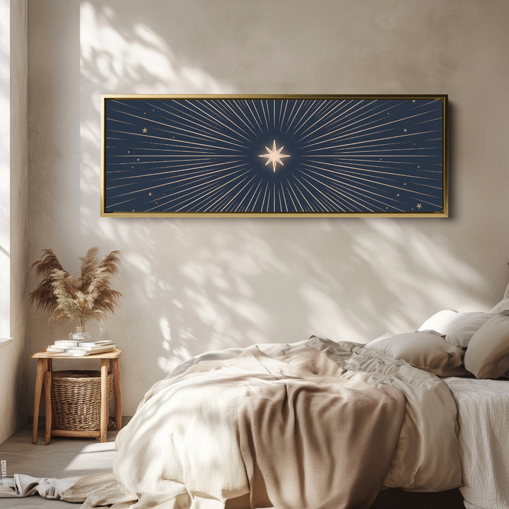 Mystical Celestial North Star Long Narrow Wall Art Above Bed wall art in a gold frame, above the bed