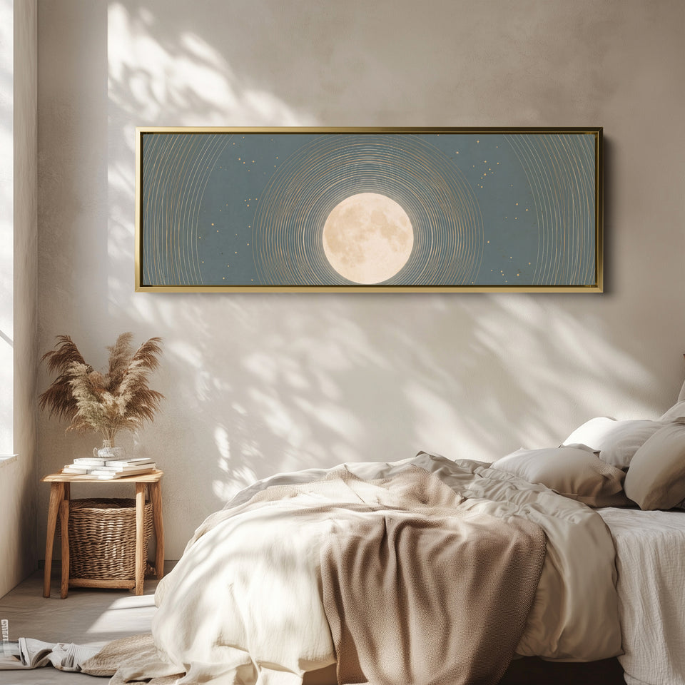 Bedroom Wall Art Long Horizontal Full Moon with Celestial Rings wall art in a gold frame, above the bed