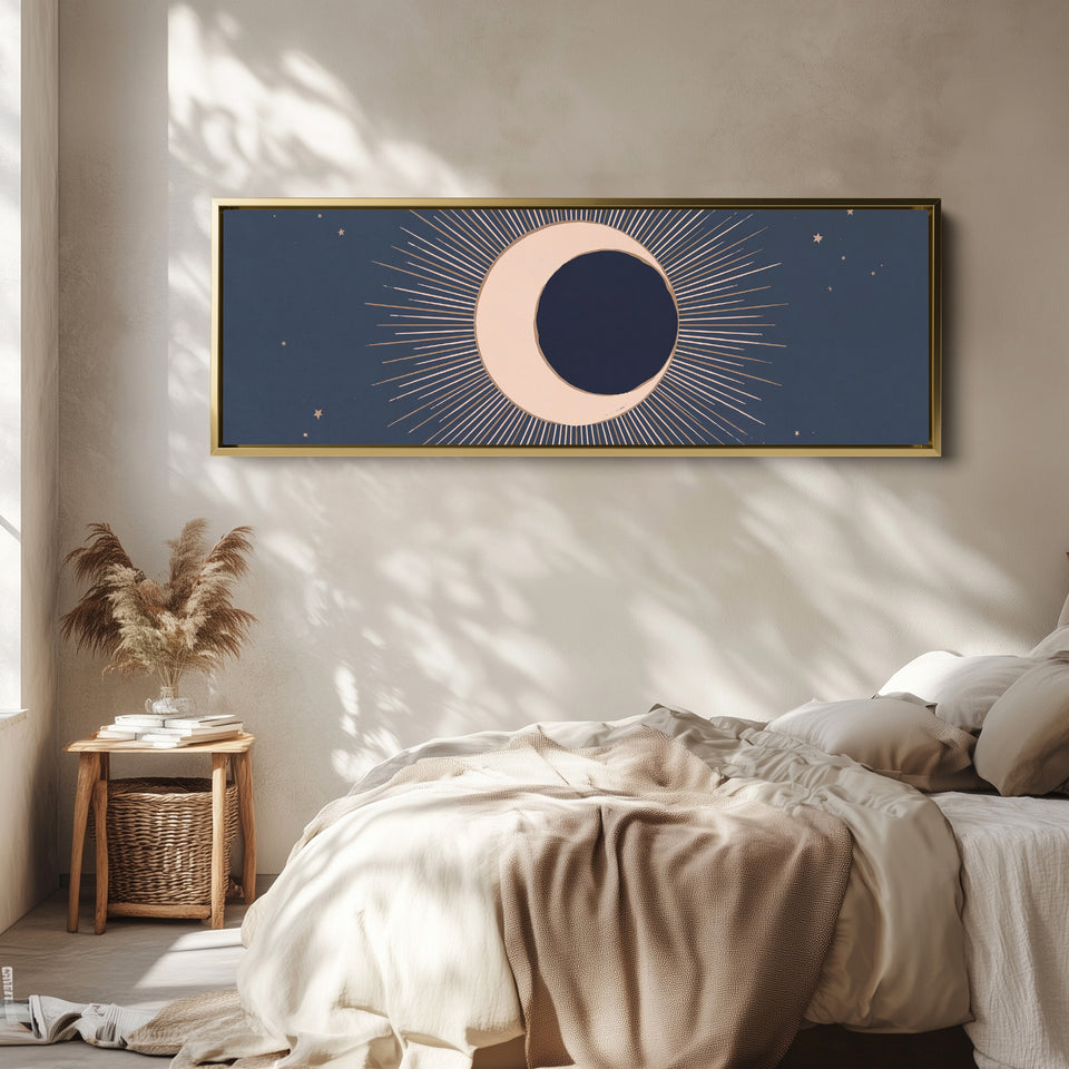 Navy Crescent Eclipse Long Wall Art Large Canvas Above Bed wall art in a gold frame, above the bed