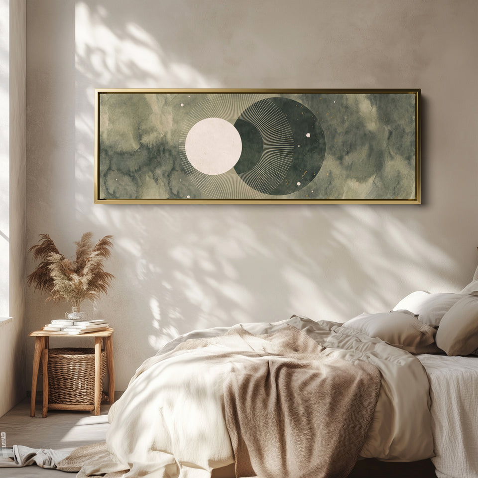 Dreamy Watercolor Moon Phases Panoramic Wall Art for Bedroom wall art in a gold frame, above the bed