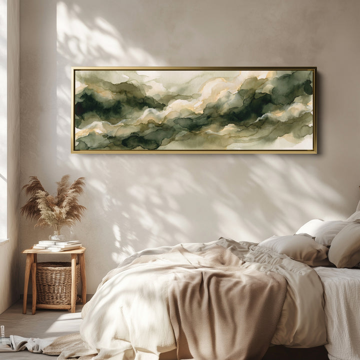 Long Narrow Wall Art Sage Watercolor Clouds Abstract for Living Room wall art in a gold frame, above the bed