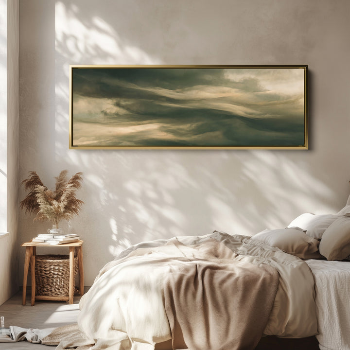 Moody Swirling Clouds Horizontal Wall Art Large Canvas for Office wall art in a gold frame, above the bed