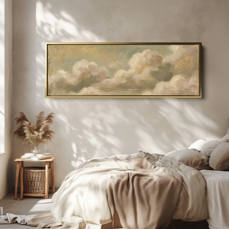 Soft Romantic Cream Clouds Long Wall Art Above Bed wall art in a gold frame, above the bed