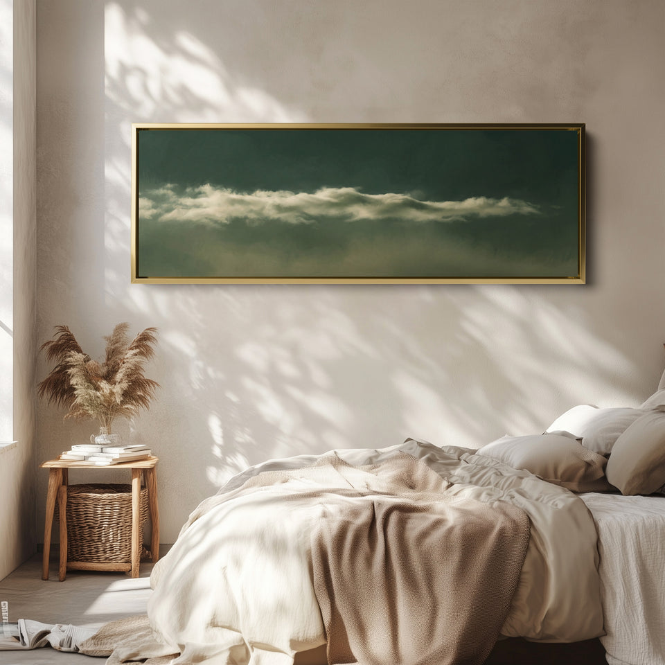 Living Room Wall Art Long Narrow Cloud Band on Dark Green Minimalist wall art in a gold frame, above the bed