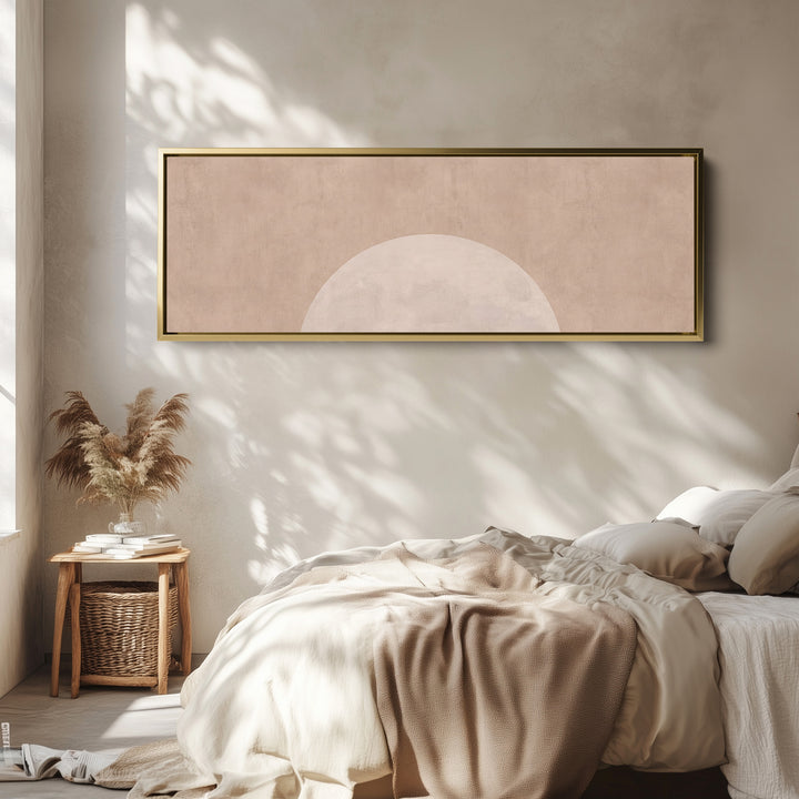 Panoramic Wall Art Blush Rising Moon Minimalist for Bedroom wall art in a gold frame, above the bed
